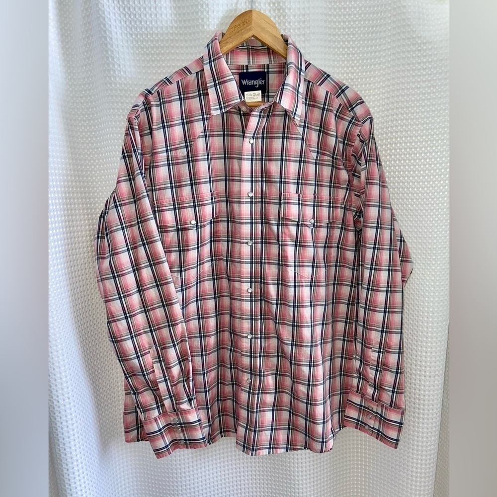 2/49$ Men’s Wrangler pink & gray plaid long sleeves cotton buttoned shirt‎ Sz XL